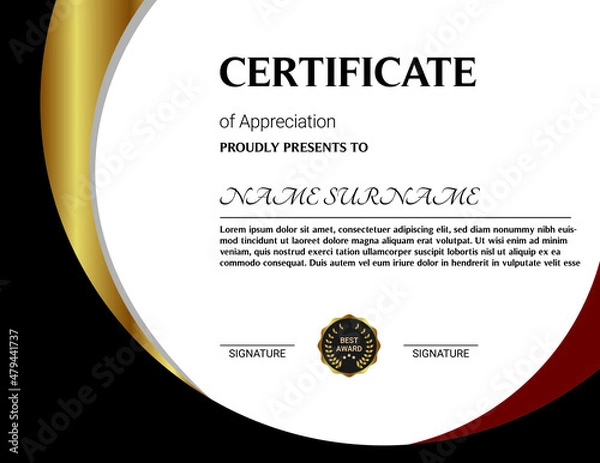 Fototapeta Certificate of appreciation template, gold and blue color. Clean modern certificate with gold badge. Horizontal certificate border template with luxury and modern line pattern. Diploma vector template