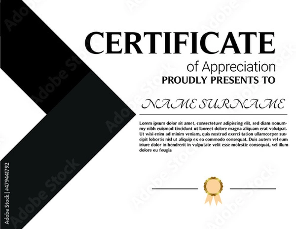 Obraz Certificate of appreciation template, gold and blue color. Clean modern certificate with gold badge. Horizontal certificate border template with luxury and modern line pattern. Diploma vector template