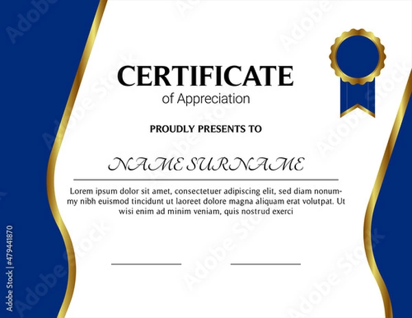 Fototapeta Certificate of appreciation template, gold and blue color. Clean modern certificate with gold badge. Horizontal certificate border template with luxury and modern line pattern. Diploma vector template