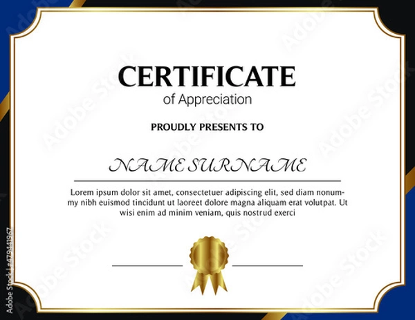 Fototapeta Certificate of appreciation template, gold and blue color. Clean modern certificate with gold badge. Horizontal certificate border template with luxury and modern line pattern. Diploma vector template