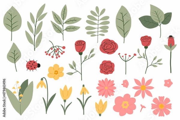 Fototapeta Vector set of spring flowers and leaves. Set with tree branches and different flowers.