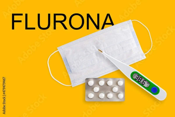 Fototapeta Face masks, thermometer and pills isolated on a yellow background. Covid 19 alpha, beta, gamma, delta, lambda, mu, omicron, deltacron, flurona variants outbreak around the world.