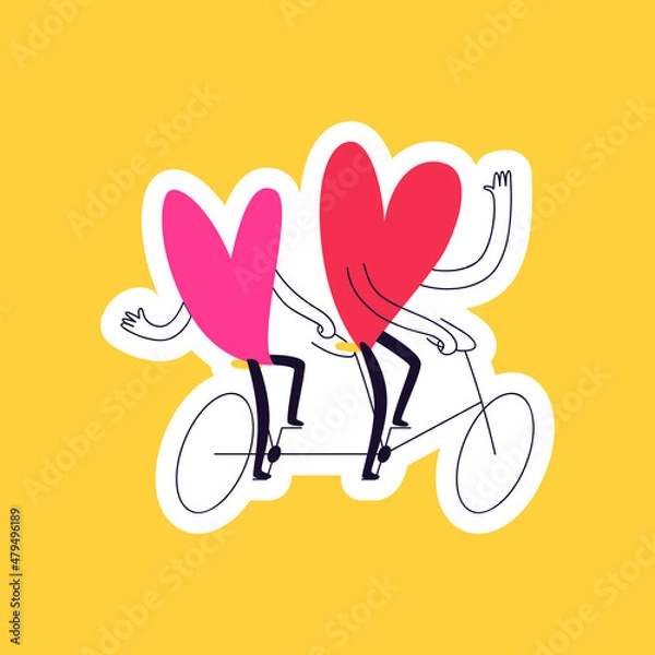 Obraz Drawn sticker doodle hearts on a double bike. A couple in love rides an abstract bicycle on a yellow background. Valentine's day sticker vector illustration.
