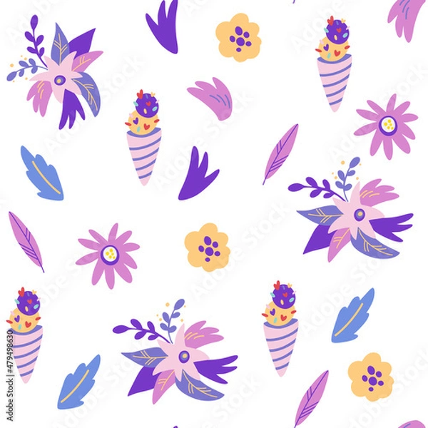 Fototapeta Ice cream and flowers seamless pattern. Great for fabric, textile. Good for decoration children party. Vector cartoon Illustration