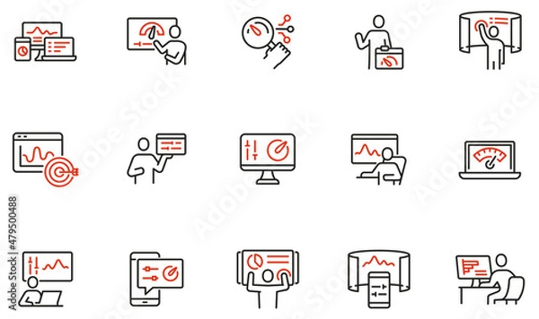 Fototapeta Vector set of linear icons related to web analytics information and development website and application statistic. Mono line pictograms and infographics design elements