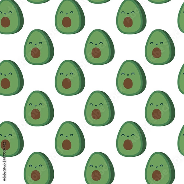 Obraz Cute kawaii flat green avocado smiling with eyes pattern. Cute childish berry. Isolated flat fully editable illustration on white background.
