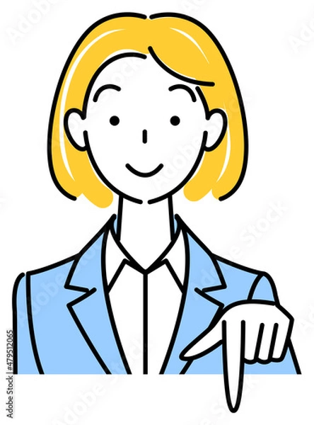 Fototapeta 笑顔で下の方向を指差しているスーツ姿の可愛い女性 ビジネスパーソン イラスト ベクター