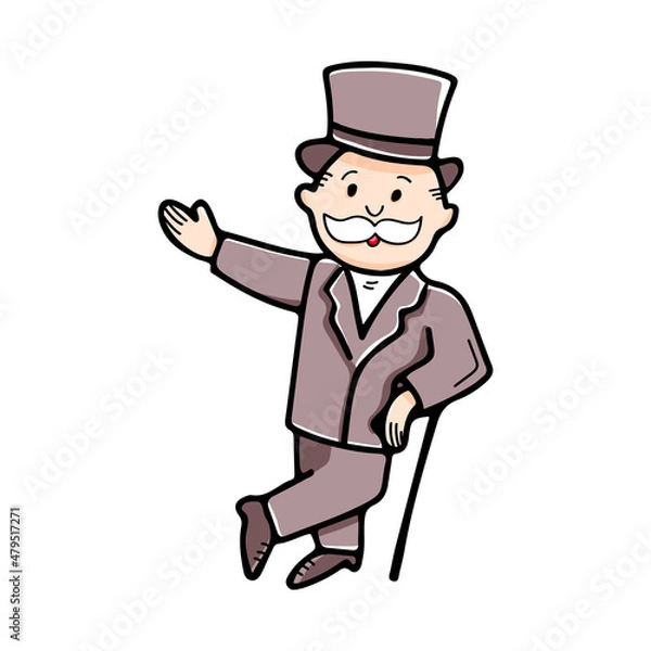 Fototapeta Elderly gentleman in top hat with walking stick in doodle style isolated on white background. Vector hand drawn illustration