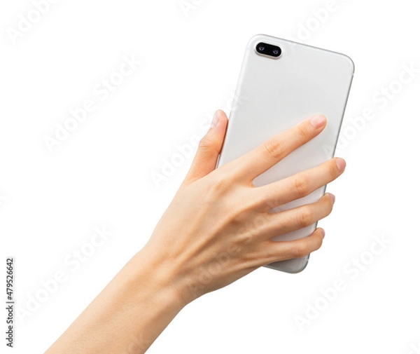 Fototapeta Close-up of hand holding the white smartphone on the back, mock-up for application with clipping path.