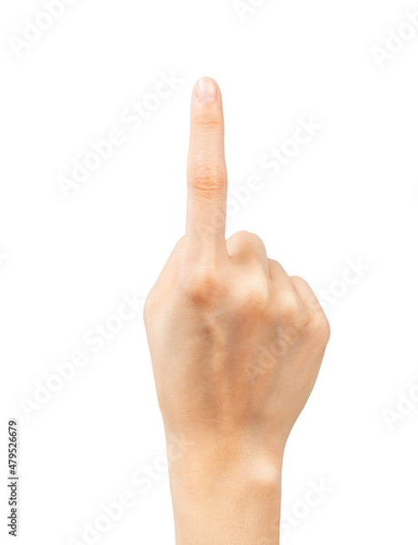 Fototapeta Closeup of hand pointing or touching at something on isolated background with clipping path.