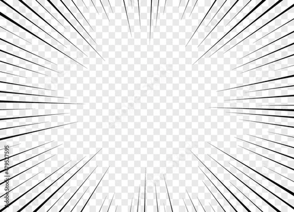 Fototapeta Manga comic effect banner with speed rays in retro style. Comicbook frame with black action lines, speed effect on transparent background. Cartoon strips for decoration