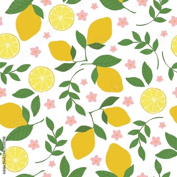 Fototapeta Beautiful citrus pattern. Yellow ripe lemons on a branch , pink flowers, green leaves . White background. An elegant template for fashionable prints.