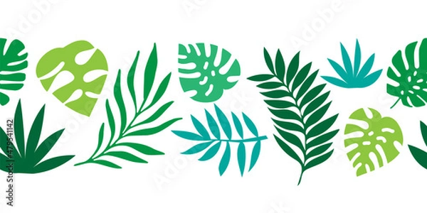 Fototapeta Tropical palm leaves seamless vector border. Exotic nature flat repeating pattern. Jungle florals. Monstera, Philodendron, and Areca palm leaf. For card decor, footer, summer decoration
