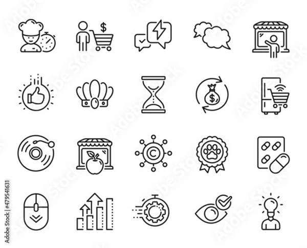 Obraz Vector set of Market seller, Time hourglass and Vinyl record line icons set. Messenger, Capsule pill and Education icons. Analysis graph, Money exchange and Copywriting network signs. Vector