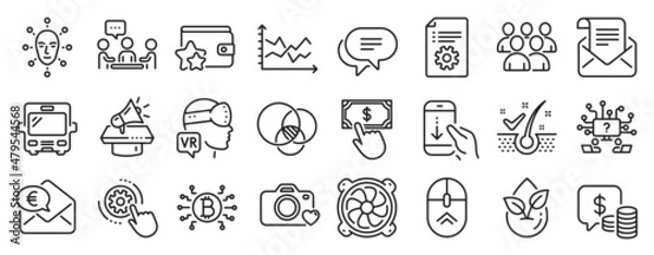 Fototapeta Set of Technology icons, such as Organic product, Coins, Group icons. Megaphone, Payment click, Teamwork question signs. Scroll down, Euler diagram, Bus. Cogwheel settings, Swipe up. Vector