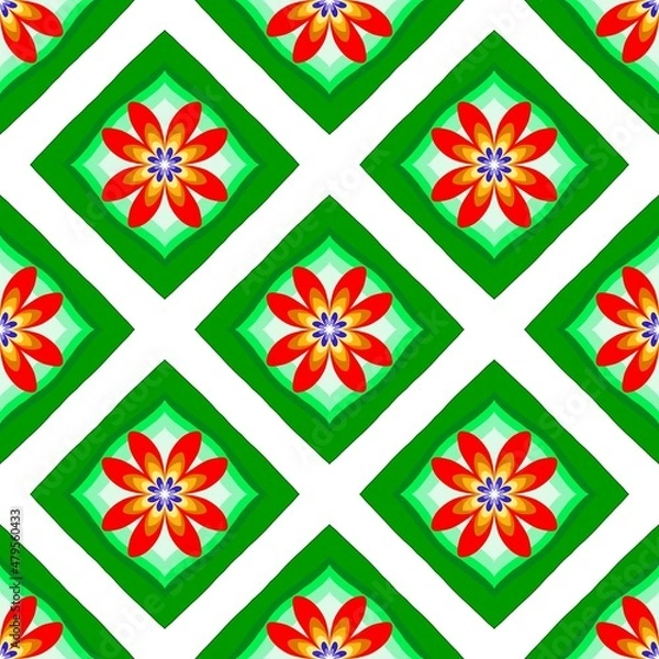 Fototapeta Seamless pattern of drawing of red flower on green on white background. Pattern for decor, wrapping paper, dress, textile, cover skin.