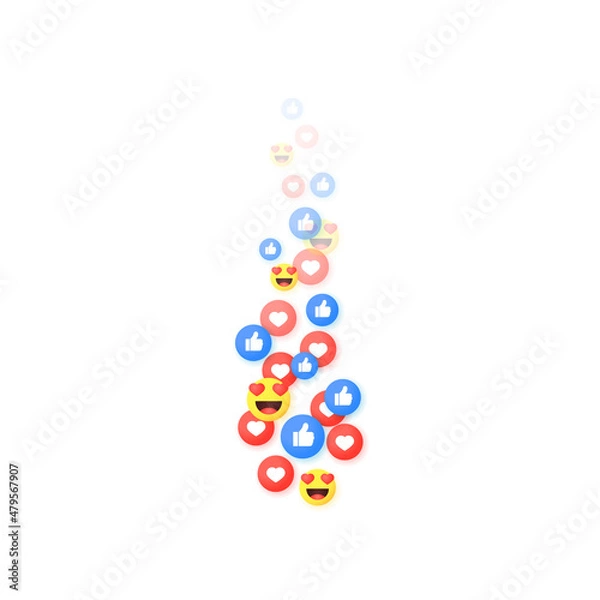Fototapeta Flying red hearts, blue like and loving faces isolated on white background. A stream of symbols that gradually disappears. The concept of social networks and live broadcasts.