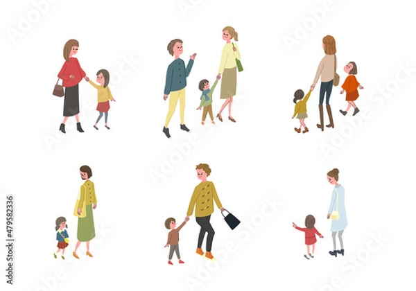 Obraz 冬の街の人々・家族のイラストセット