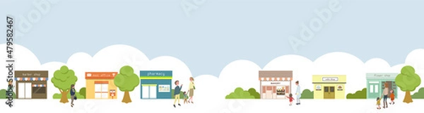 Obraz お店でにぎわう街並みのイラスト