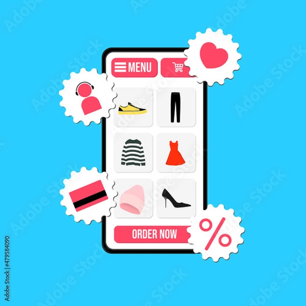 Fototapeta Design of online-store. Smartphone with order, credit card, discount, goods.