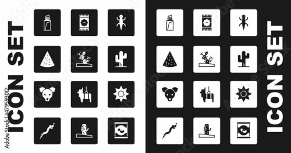 Fototapeta Set Lizard, Cactus, Nachos, Burrito, Mexican carpet, Sun and Dog icon. Vector