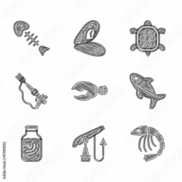Fototapeta Set Lobster or crab claw, Fishing harpoon, Shrimp, Shark, Sea cucumber jar, Turtle and skeleton icon. Vector