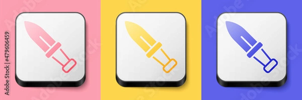 Fototapeta Isometric Dagger icon isolated on pink, yellow and blue background. Knife icon. Sword with sharp blade. Square button. Vector