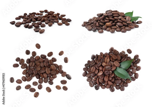 Fototapeta Set with roasted coffee beans on white background, top view