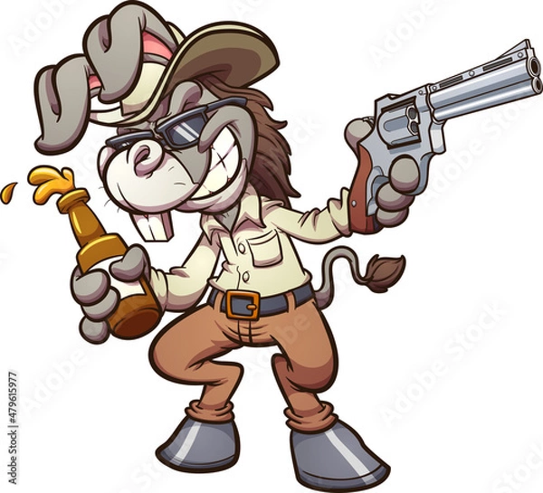 Fototapeta Drunk cartoon cowboy donkey holding a beer and a gun. Vector illustration with simple gradients. All on a single layer. 
