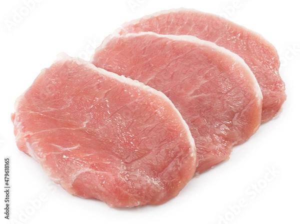 Fototapeta sliced raw pork meat isolated on white background. Clipping path and full depth of field