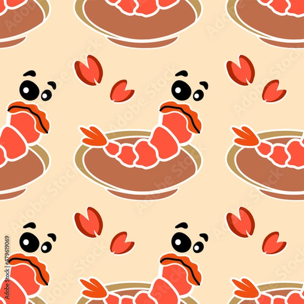 Obraz Shrimps and mussels cartoon. Seamless pattern. Vector illustration.