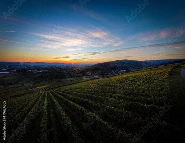 Fototapeta Drohne Weitwinkelaufnahme, Weinberg bei Sonnenuntergang, Blick über das Remstal Richtung Stuttgart