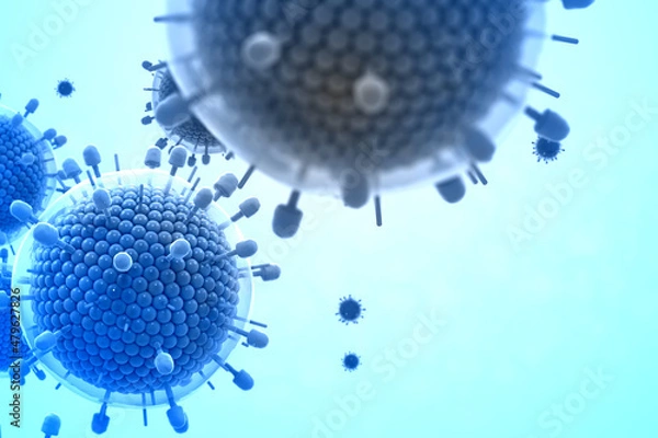Fototapeta Paramyxovirus mumps , COVID pandemic, Close-up of virus under microscope. Realistic high quality medical 3d render.