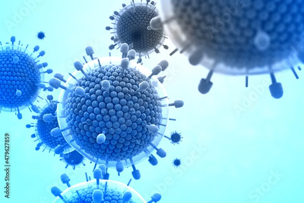 Fototapeta Paramyxovirus mumps , COVID pandemic, Close-up of virus under microscope. Realistic high quality medical 3d render.