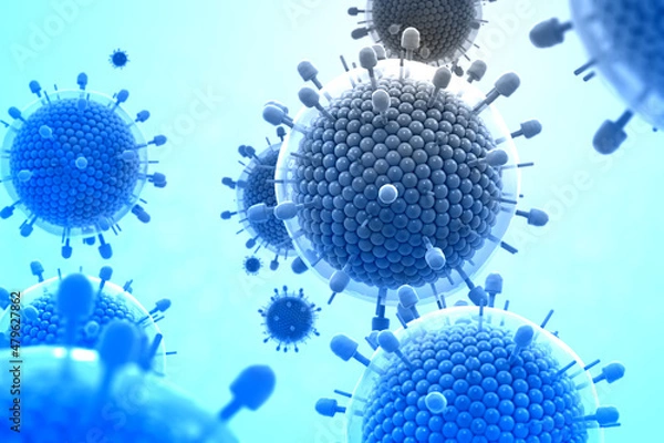 Fototapeta Paramyxovirus mumps , COVID pandemic, Close-up of virus under microscope. Realistic high quality medical 3d render.