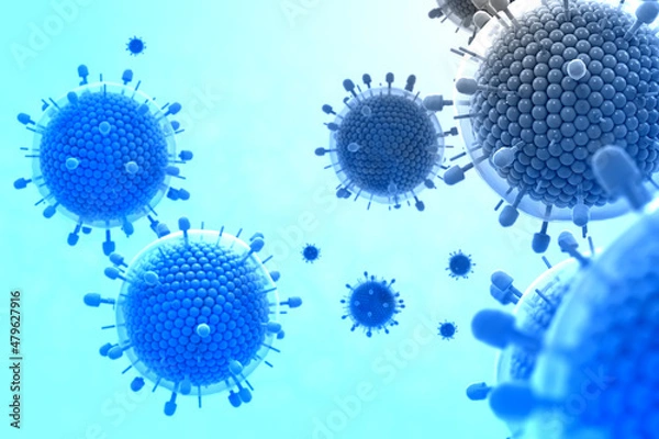 Fototapeta Paramyxovirus mumps , COVID pandemic, Close-up of virus under microscope. Realistic high quality medical 3d render.