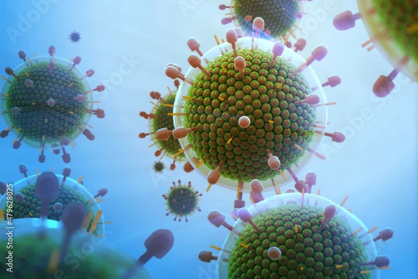 Fototapeta Paramyxovirus mumps , COVID pandemic, Close-up of virus under microscope. Realistic high quality medical 3d render.