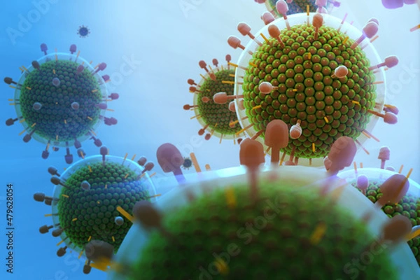 Fototapeta Paramyxovirus mumps , COVID pandemic, Close-up of virus under microscope. Realistic high quality medical 3d render.