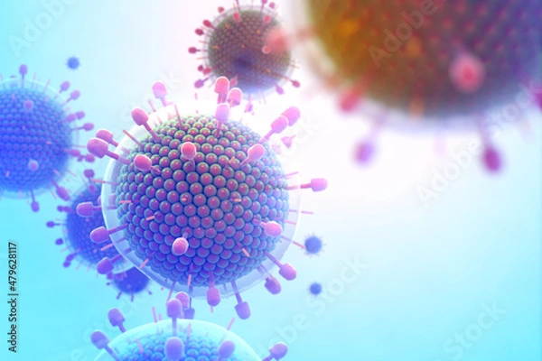 Fototapeta Paramyxovirus mumps , COVID pandemic, Close-up of virus under microscope. Realistic high quality medical 3d render.
