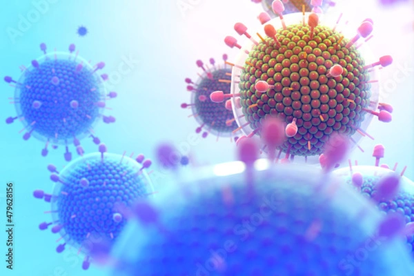 Fototapeta Paramyxovirus mumps , COVID pandemic, Close-up of virus under microscope. Realistic high quality medical 3d render.
