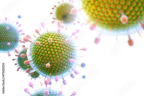 Fototapeta Paramyxovirus mumps , COVID pandemic, Close-up of virus under microscope. Realistic high quality medical 3d render.