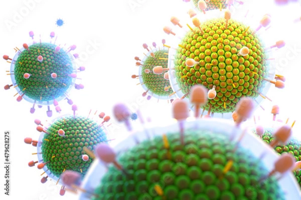 Fototapeta Paramyxovirus mumps , COVID pandemic, Close-up of virus under microscope. Realistic high quality medical 3d render.
