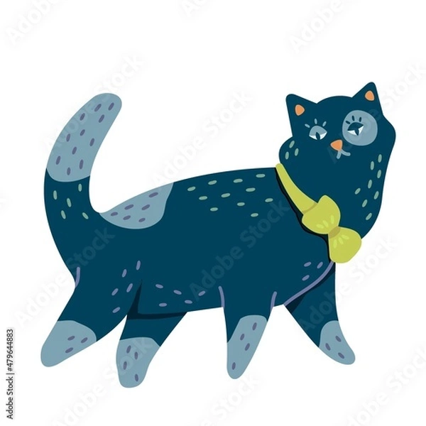 Fototapeta Funny proud black cat with green bow isolated on the white background. Cute cartoon domestic pet walking with significant sight. Vector illustration in modern, contemporary doodle flat design.