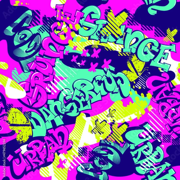 Fototapeta Abstract seamless grunge pattern. Girlish graffiti repeat print for fashion textile, sport clothes, wrapping paper. Colorful pink, blue and purple, yellow grungy ornament. Urban repeated background.