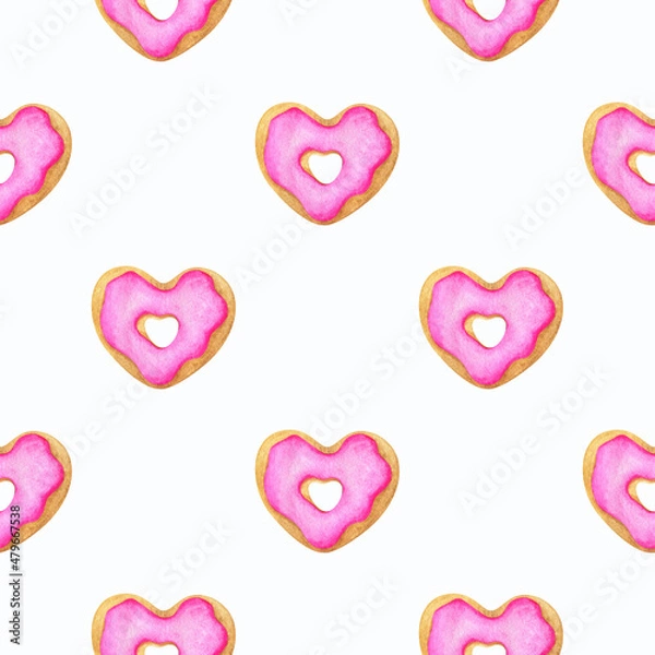 Fototapeta Donuts with pink frosting. A pattern with a watercolor illustration of a heart-shaped cookie. Seamless pattern on a white background. Print for fabric, textiles, stationery, paper and any design