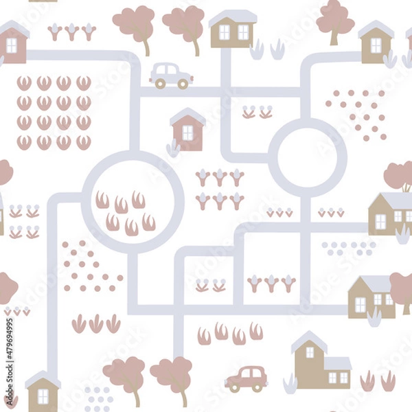 Obraz Seamless pattern for kids. Cartoon road and houses. Children's fabric, textiles, bedding. Vector map