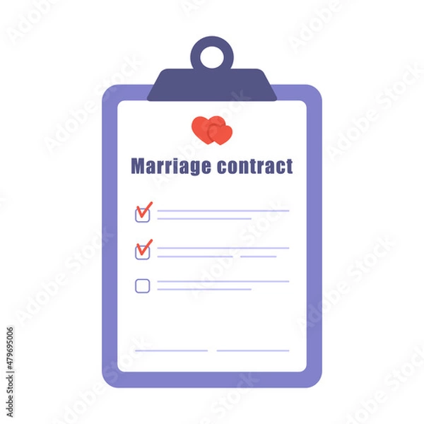 Fototapeta Marriage contract icon. Prenuptial agreement document. Couple divorce concept. Prenup wedding certificate. Vector illustration in flat cartoon style.