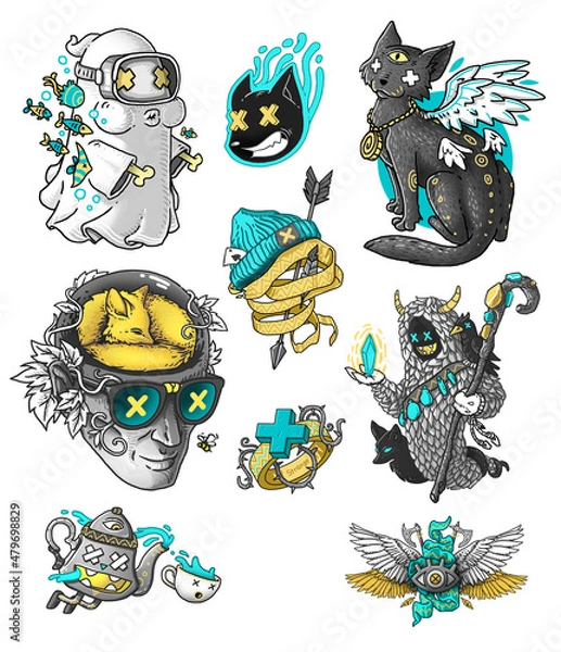 Fototapeta Set of cute cartoon characters and elements. stickers pack, indie vibe