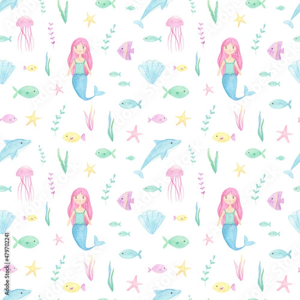 Fototapeta Ocean creatures watercolor cute seamless pattern with a mermaid, whales, fish, seashells isolated on white background. Perfect for kids textile, fabric, covers.  Soft light colors. 