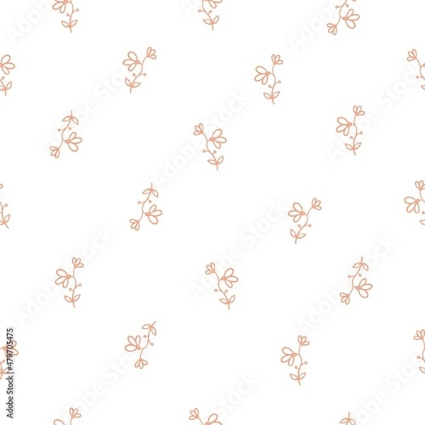 Fototapeta Seamless pattern with different plants and  flowers on  white background. Vector print with herbs. Botanical doodle wallpaper.